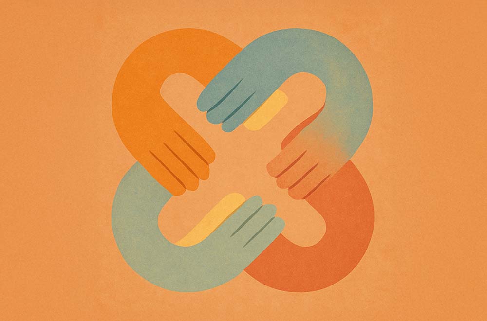 Four interlocked hands forming a loop on an orange background.