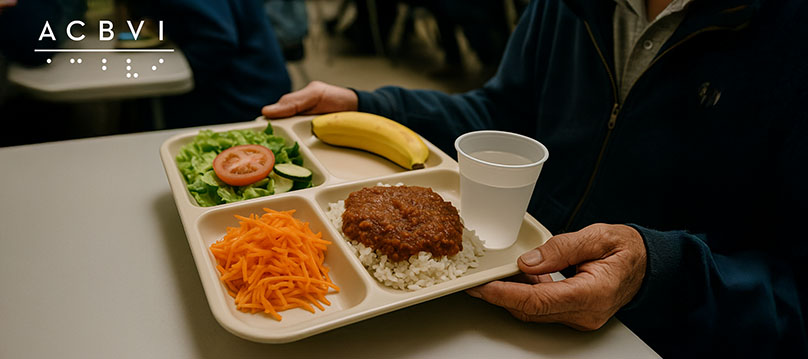 A close-up of an elderly person holding a cafeteria tray with a nutritious meal, including mashed potatoes with gravy, mixed vegetables, a fresh salad with cucumbers and tomatoes, and a dinner roll.